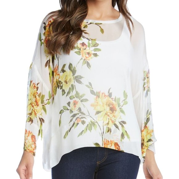 Karen Kane  Floral Print Sheer Illusion Blouse - Picture 1 of 2
